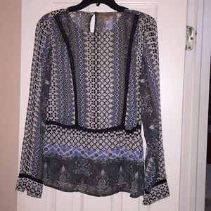 Black/royal blue/off white print blouse
